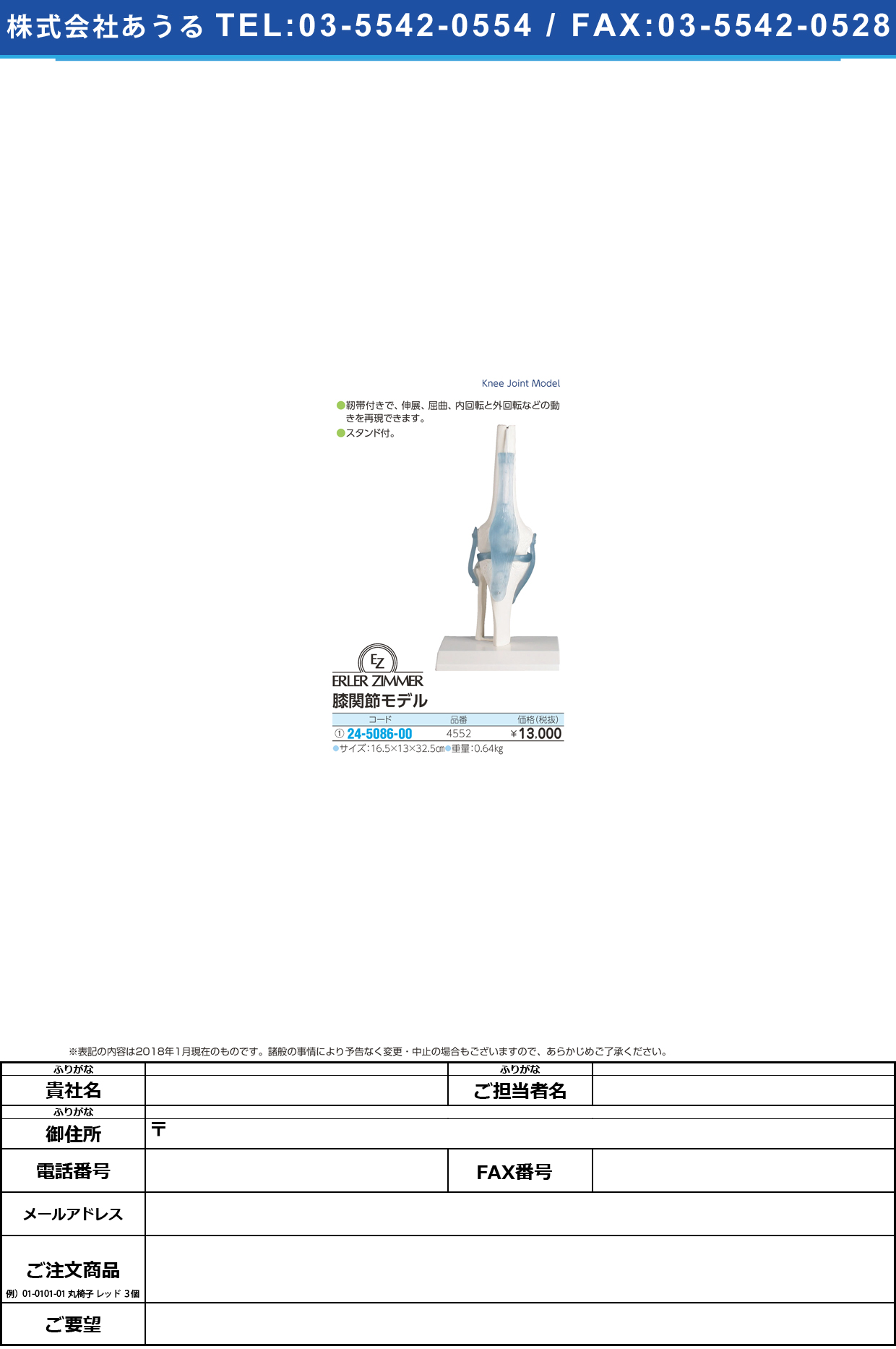 (24-5086-00)膝関節モデル 4552 ﾋｻﾞｶﾝｾﾂﾓﾃﾞﾙ(エルラージーマー社)【1個単位】【2018年カタログ商品】