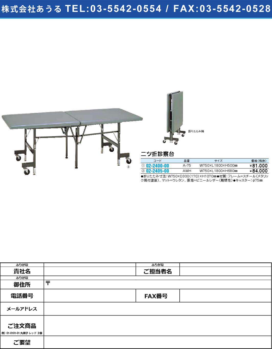 (02-2400-00)二ツ折診察台 A-75(02-2400-00)【1個単位】【2009年カタログ商品】