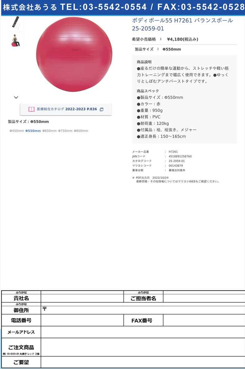 ボディボール55 H7261 バランスボール 25-2059-01Φ550mm【トーエイライト】(H7261)(25-2059-01)