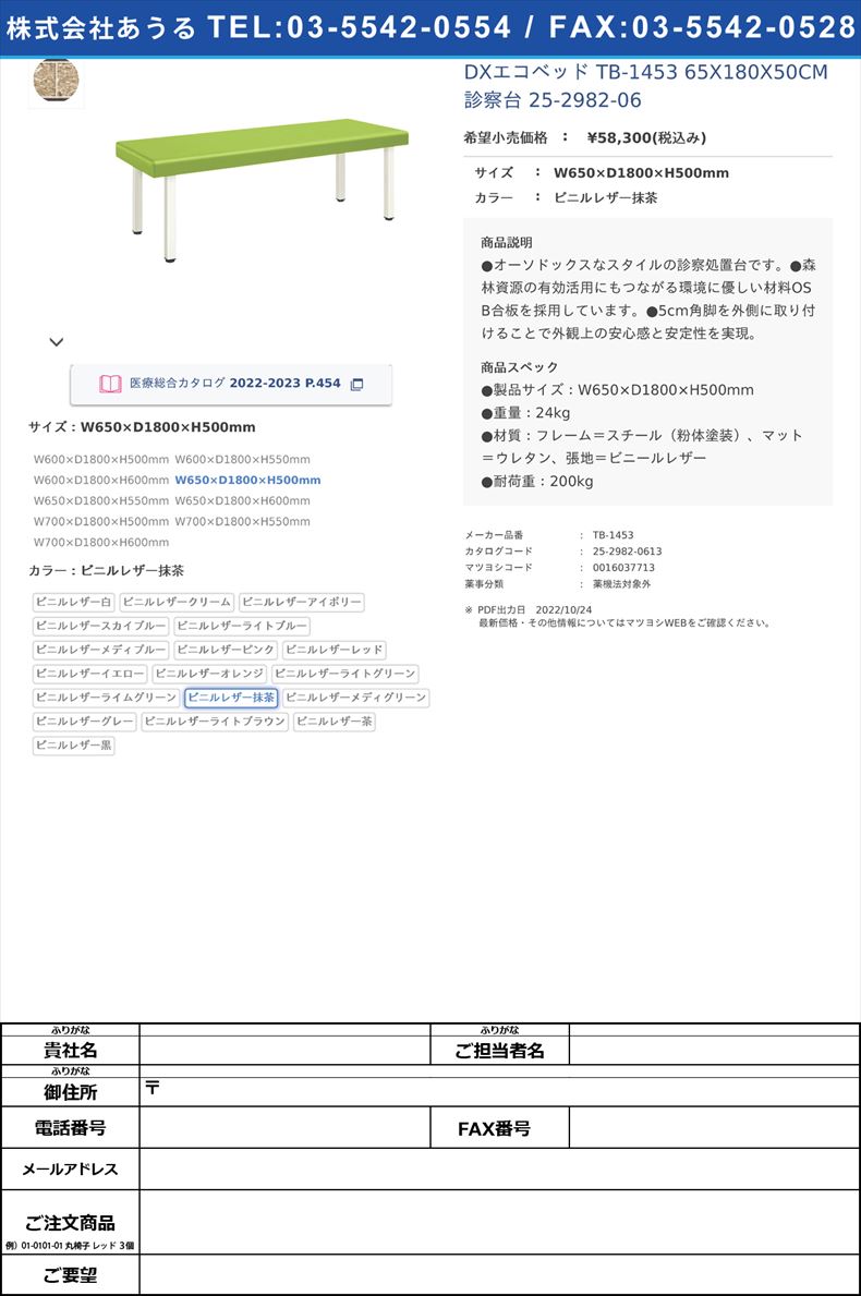 DXエコベッド TB-1453 65X180X50CM 診察台 25-2982-06W650×D1800×H500mmビニルレザー抹茶【高田ベッド製作所】(TB-1453)(25-2982-06-11)