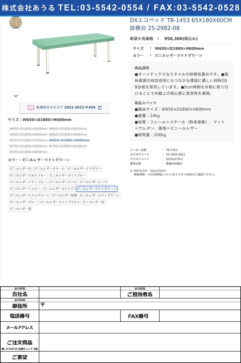 DXエコベッド TB-1453 65X180X60CM 診察台 25-2982-08W650×D1800×H600mmビニルレザーライトグリーン【高田ベッド製作所】(TB-1453)(25-2982-08-05)