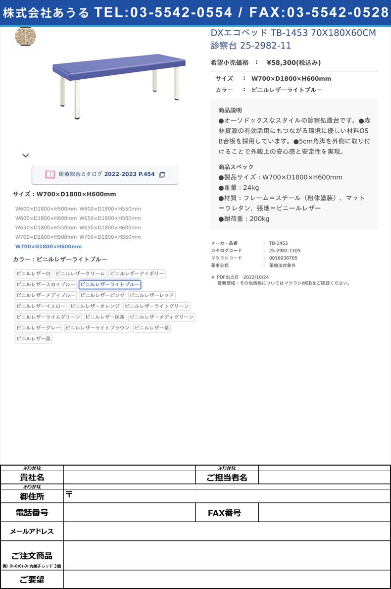 DXエコベッド TB-1453 70X180X60CM 診察台 25-2982-11W700×D1800×H600mmビニルレザーライトブルー【高田ベッド製作所】(TB-1453)(25-2982-11-06)