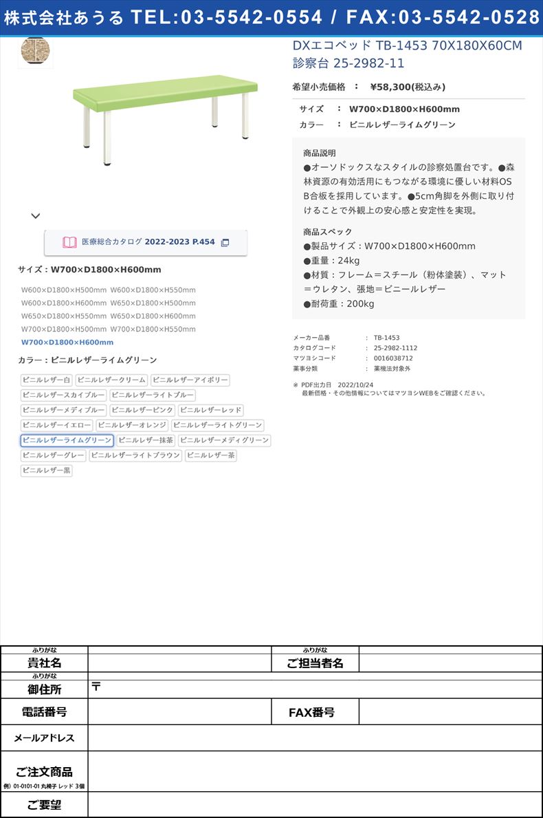 DXエコベッド TB-1453 70X180X60CM 診察台 25-2982-11W700×D1800×H600mmビニルレザーライムグリーン【高田ベッド製作所】(TB-1453)(25-2982-11-18)